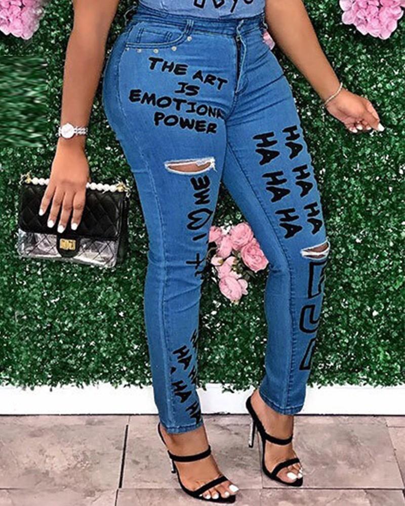 Letter Print Slant Pocket Ripped Skinny Jeans
