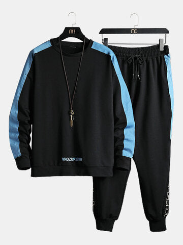 mens contrast patchwork letter print sweatshirt casual two pieces outfits