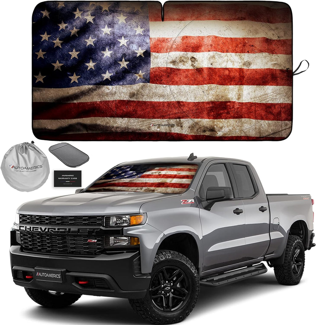 Autoamerics 1-Piece Windshield Sun Shade Grunge American Flag - 2 USA  - Foldable Car Front Window Sunshade for Most Sedans SUV Truck - Blocks Max UV Rays and Keeps Your Vehicle Cool - Large