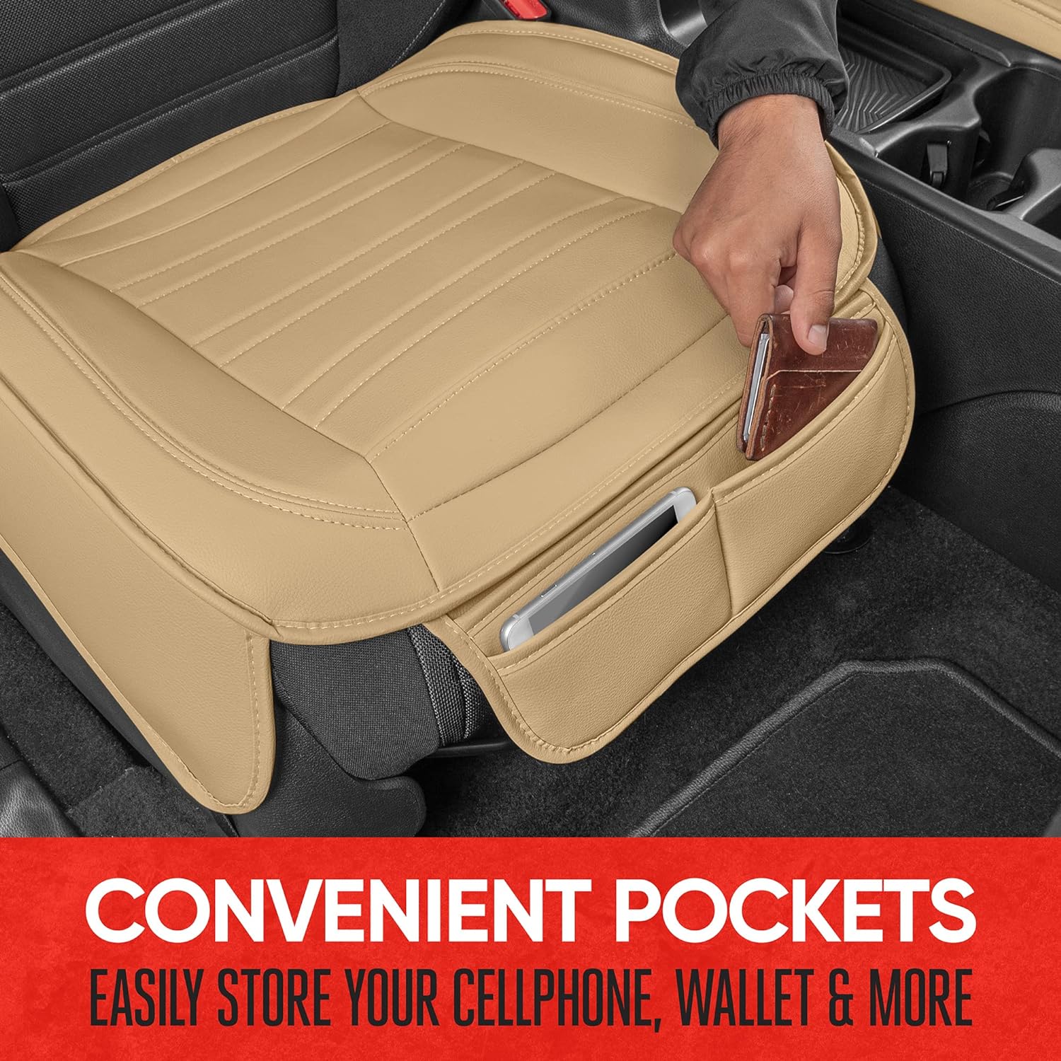 Motor Trend Seat Covers for Cars Trucks SUV, Faux Leather Beige Padded Car Seat Covers with Storage Pockets, Premium Interior Car Seat Cover, 2 x Front Seat Covers