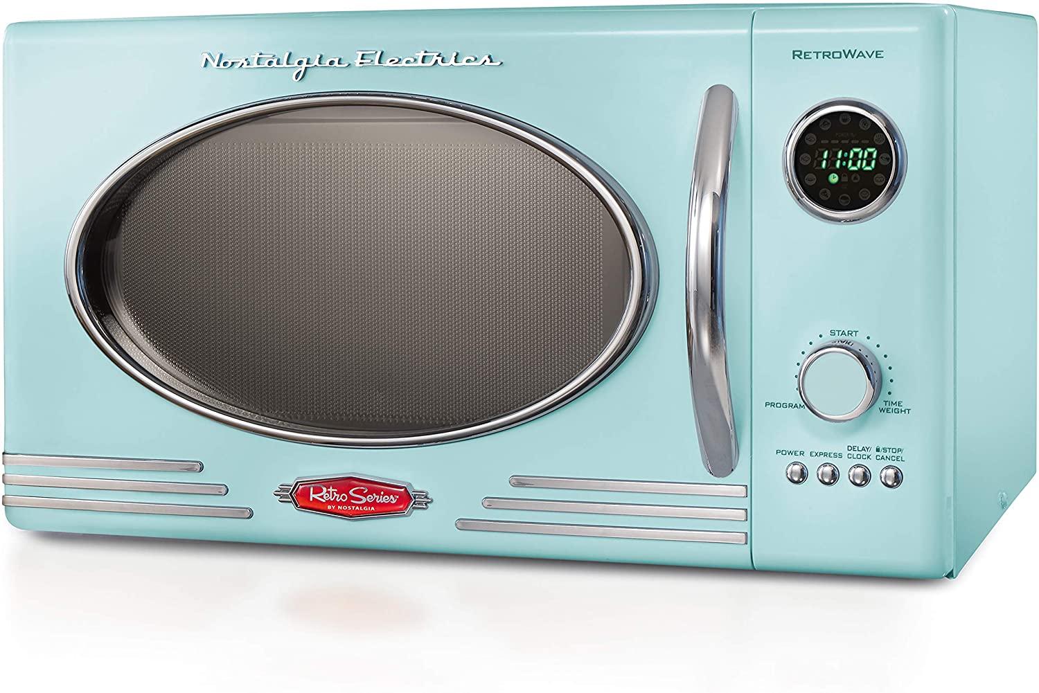 Nostalgia RMO4AQ Retro Lar0.9 cu ft, 800-Watt Countertop Microwave Oven, 12 Pre-Programmed Cookin Digital Clock, Easy Clean Interior, Aqua