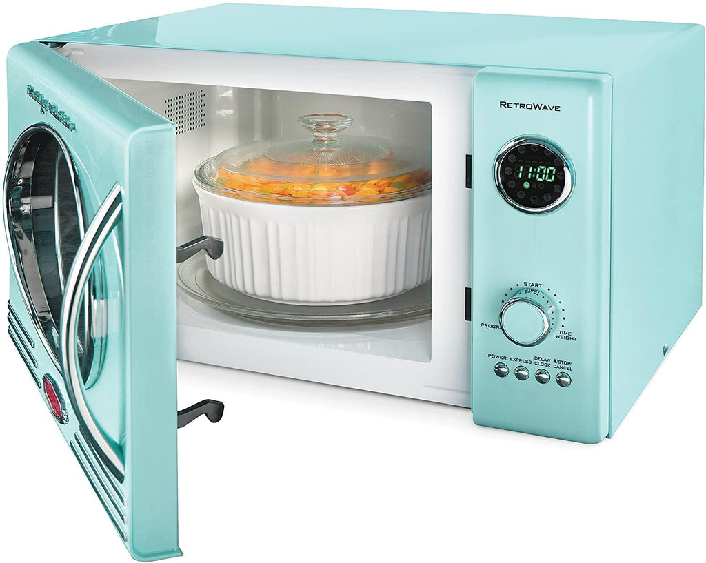 Nostalgia RMO4AQ Retro Lar0.9 cu ft, 800-Watt Countertop Microwave Oven, 12 Pre-Programmed Cookin Digital Clock, Easy Clean Interior, Aqua