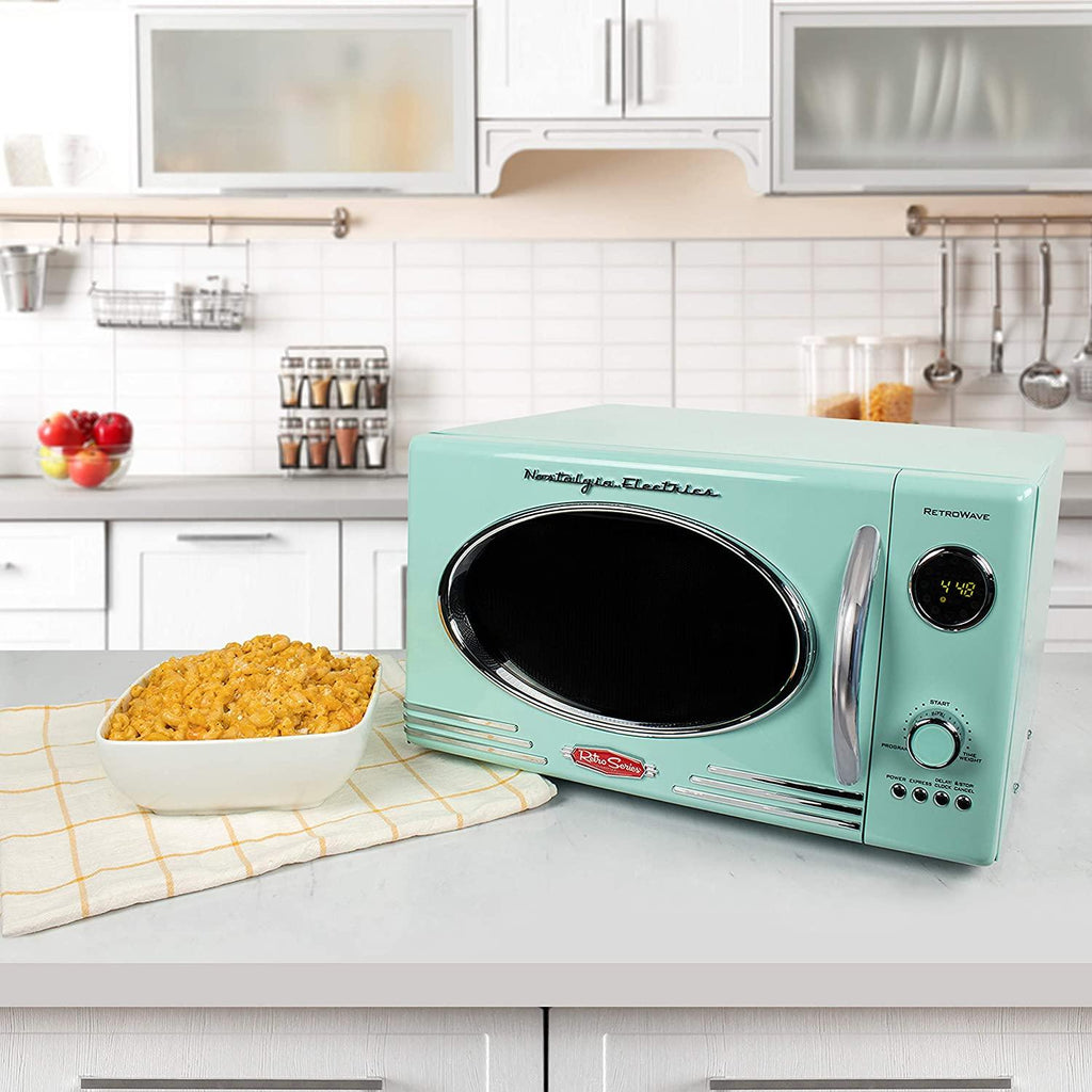 Nostalgia RMO4AQ Retro Lar0.9 cu ft, 800-Watt Countertop Microwave Oven, 12 Pre-Programmed Cookin Digital Clock, Easy Clean Interior, Aqua