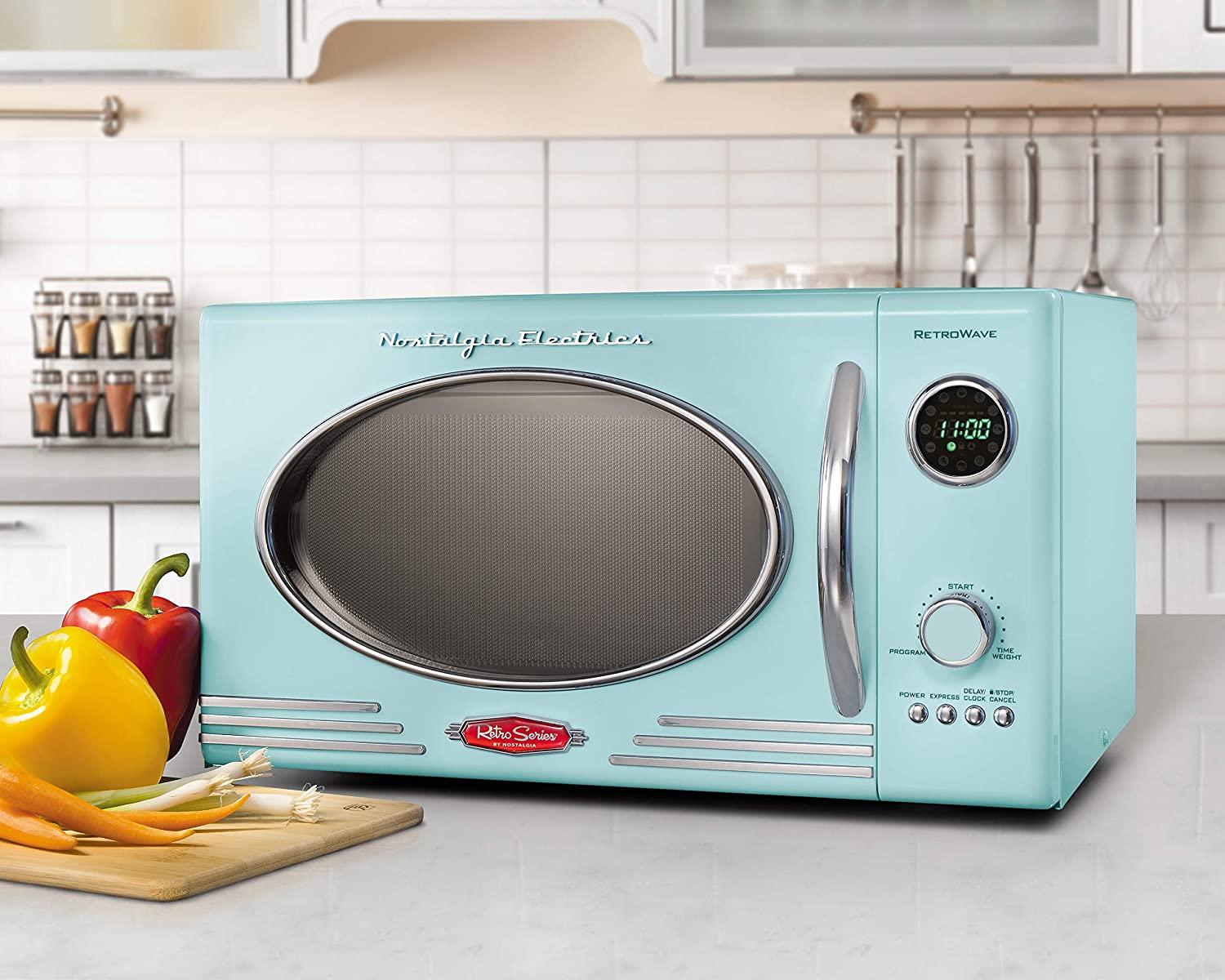 Nostalgia RMO4AQ Retro Lar0.9 cu ft, 800-Watt Countertop Microwave Oven, 12 Pre-Programmed Cookin Digital Clock, Easy Clean Interior, Aqua