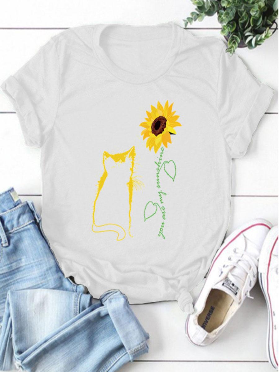 Cat Print Round Neck Short-sleeved T-shirt