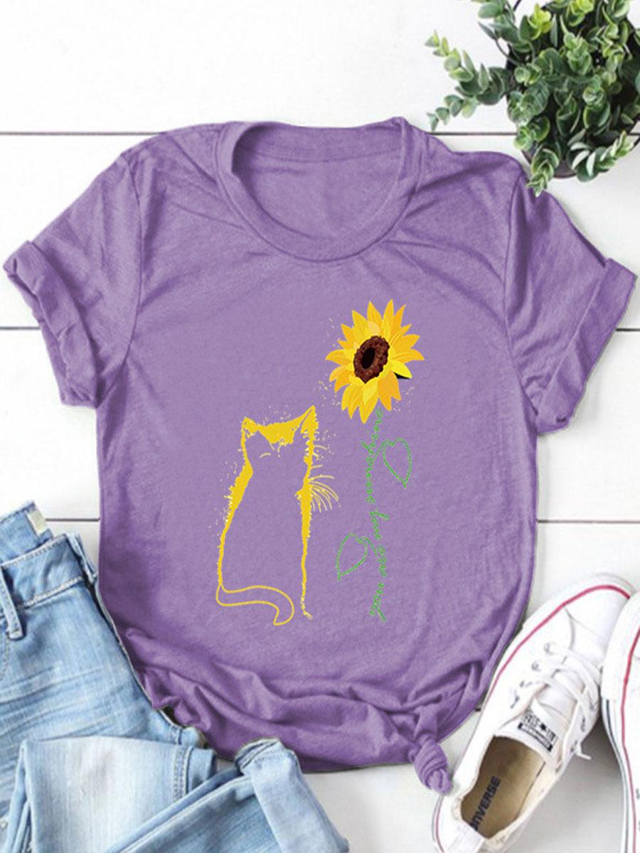 Cat Print Round Neck Short-sleeved T-shirt