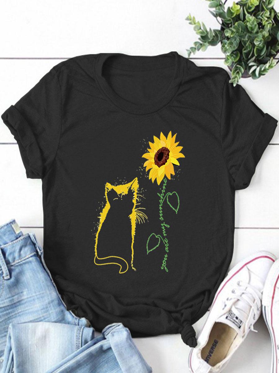 Cat Print Round Neck Short-sleeved T-shirt