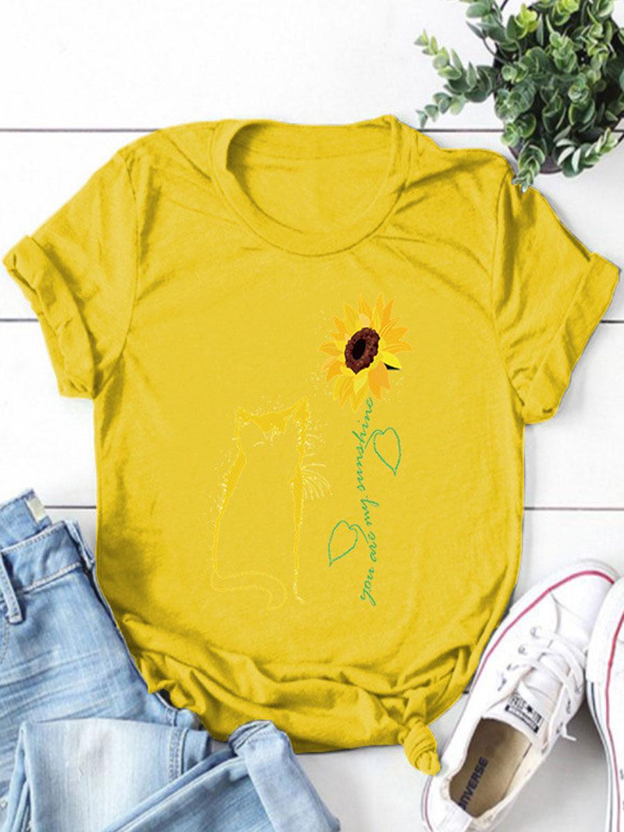Cat Print Round Neck Short-sleeved T-shirt