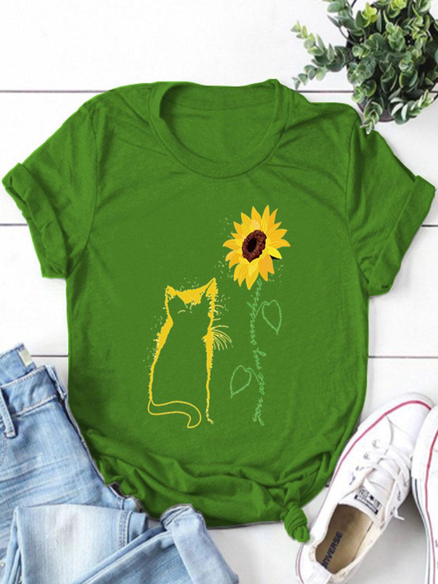 Cat Print Round Neck Short-sleeved T-shirt
