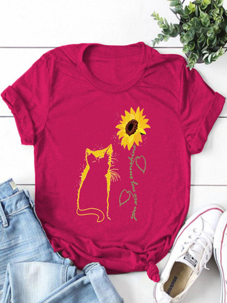 Cat Print Round Neck Short-sleeved T-shirt