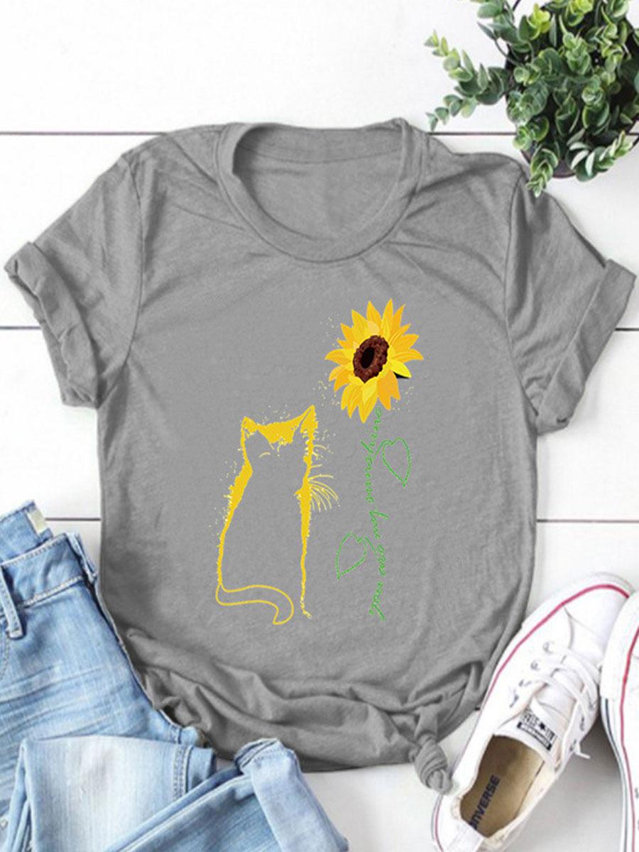 Cat Print Round Neck Short-sleeved T-shirt