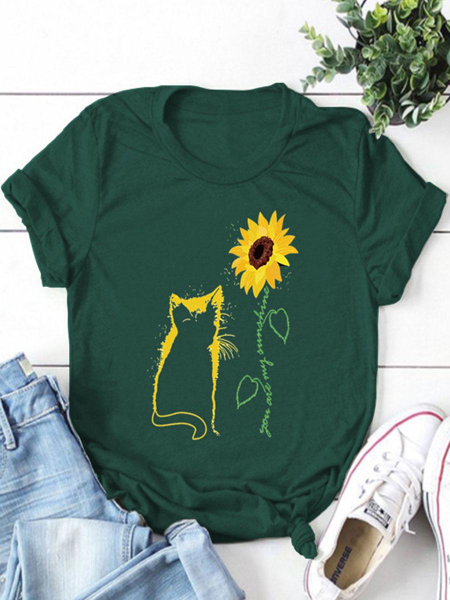 Cat Print Round Neck Short-sleeved T-shirt