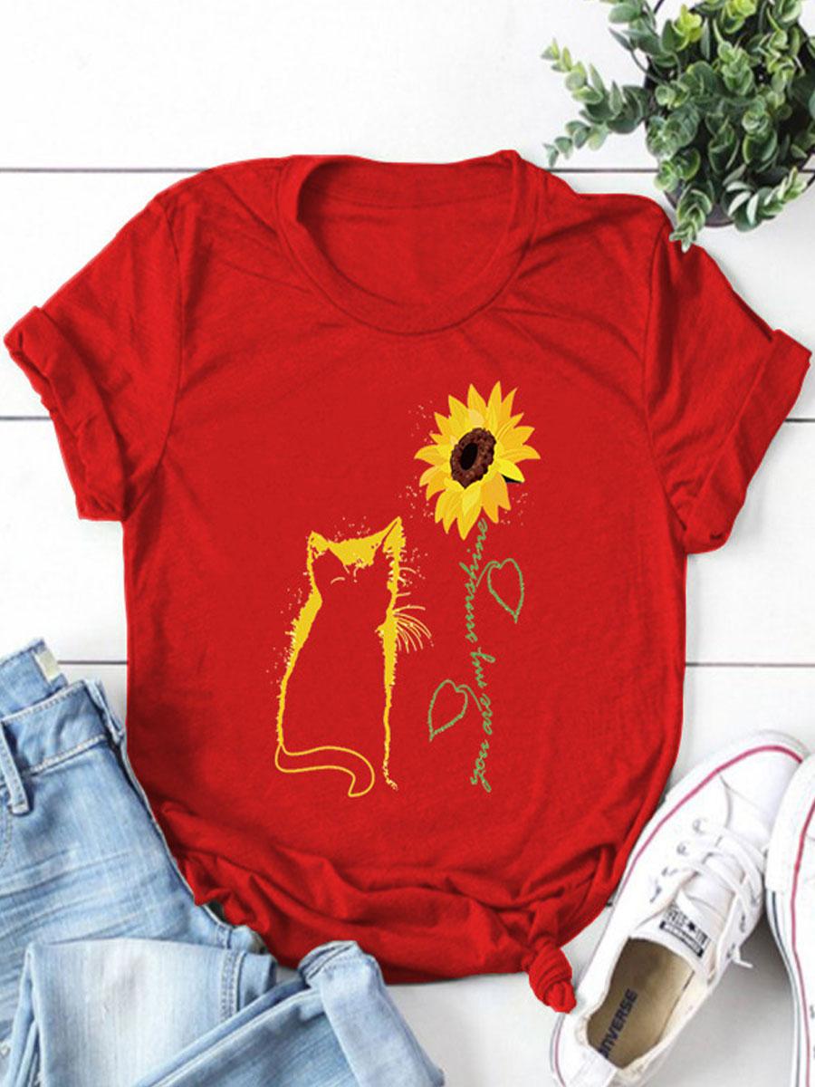 Cat Print Round Neck Short-sleeved T-shirt