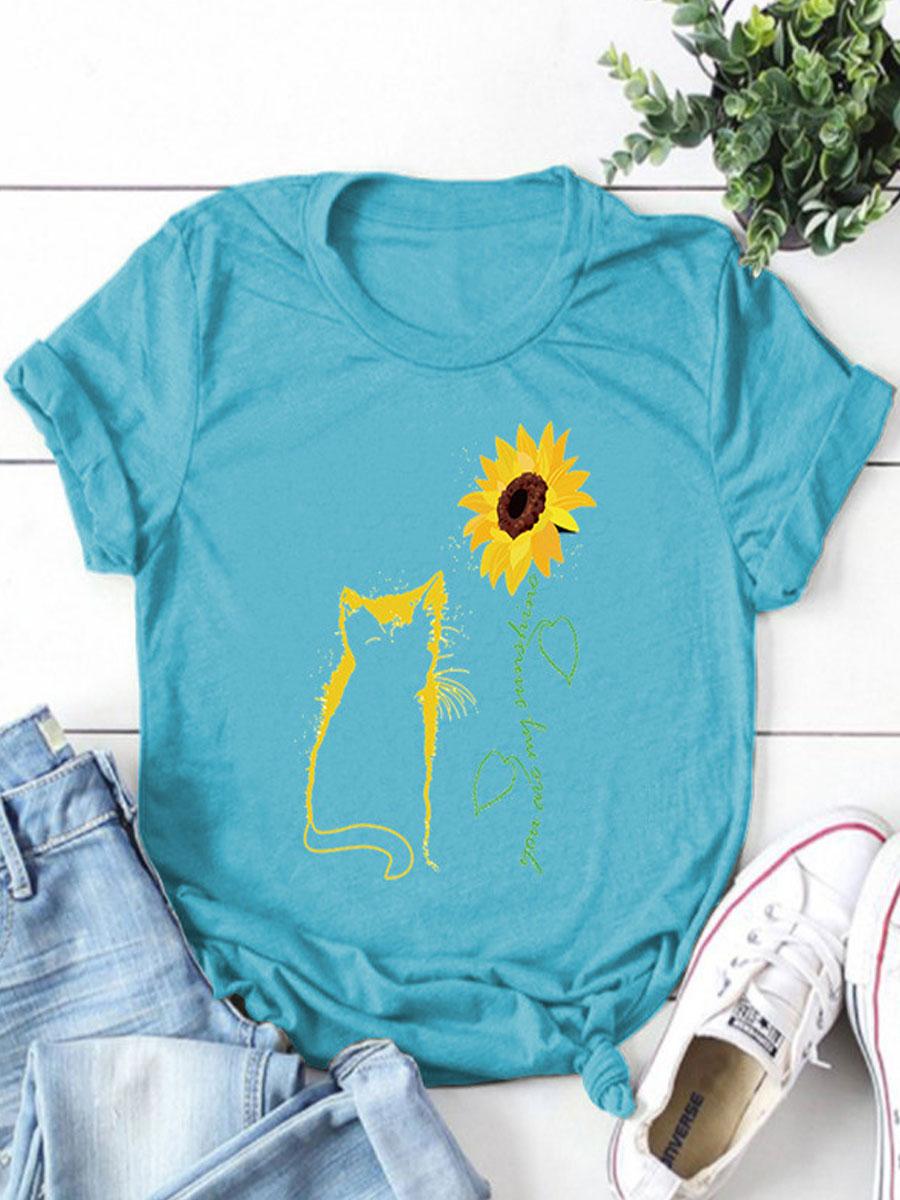 Cat Print Round Neck Short-sleeved T-shirt