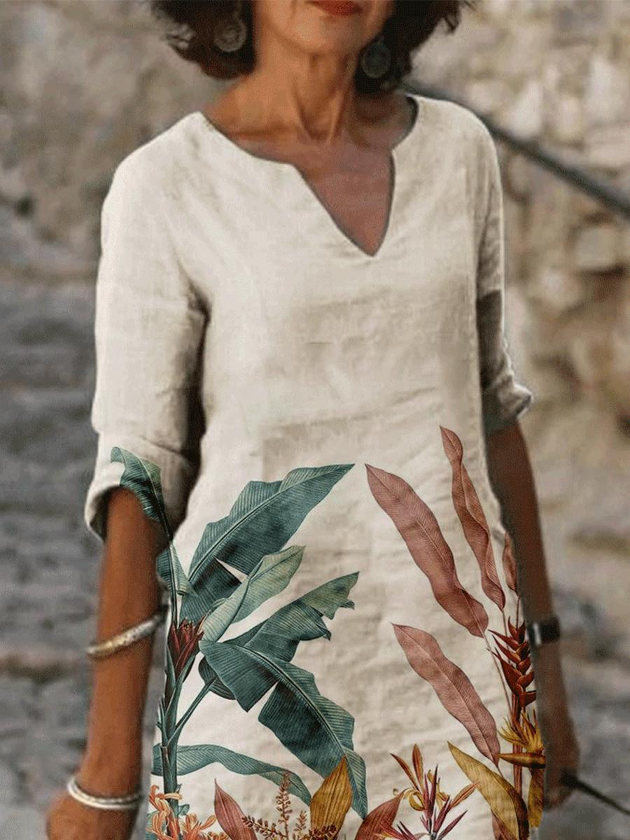 Casual Leaf Print V-neck Short-sleeved Dress