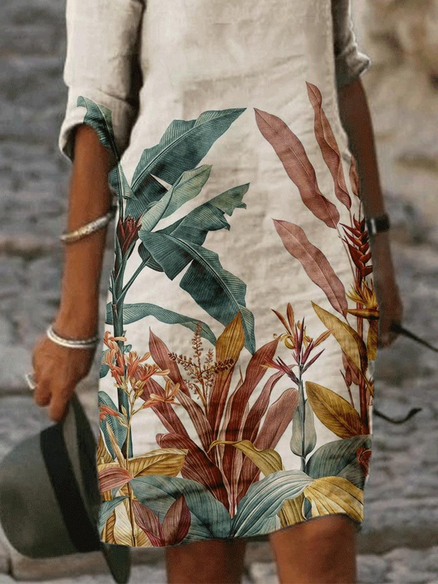 Casual Leaf Print V-neck Short-sleeved Dress