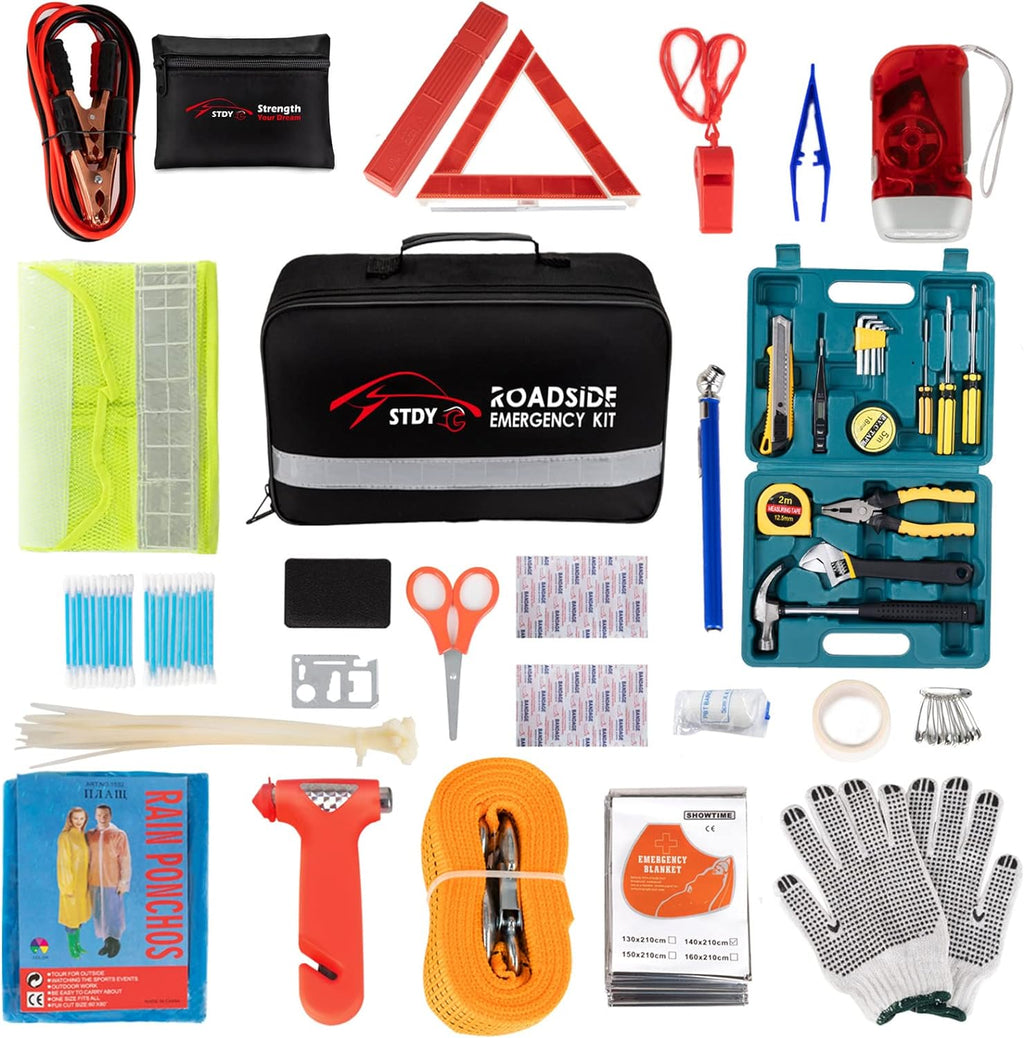 STDY Car Roadside Emergency Kit, Auto Vehicle Truck Safety Kit - with Jumper Cables, Car Repair Tool Set, Tow Rope, Reflective Triangle, etc