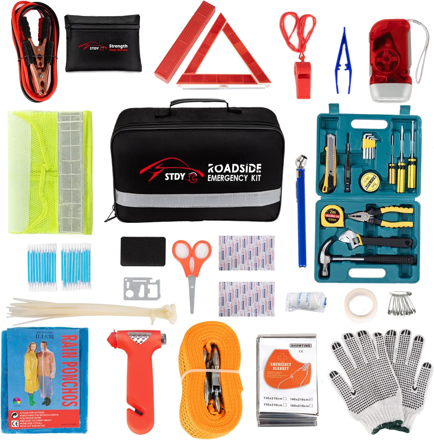 STDY Car Roadside Emergency Kit, Auto Vehicle Truck Safety Kit - with Jumper Cables, Car Repair Tool Set, Tow Rope, Reflective Triangle, etc