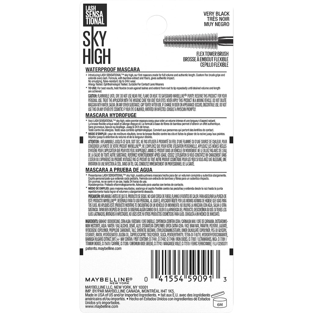 Maybelline New York Lash Sensational Sky High Waterproof Mascara Makeup, Volumizing, Lengthening, Defining, Curling, Multiplying, Buildable Formula, Very Black, 1 Count