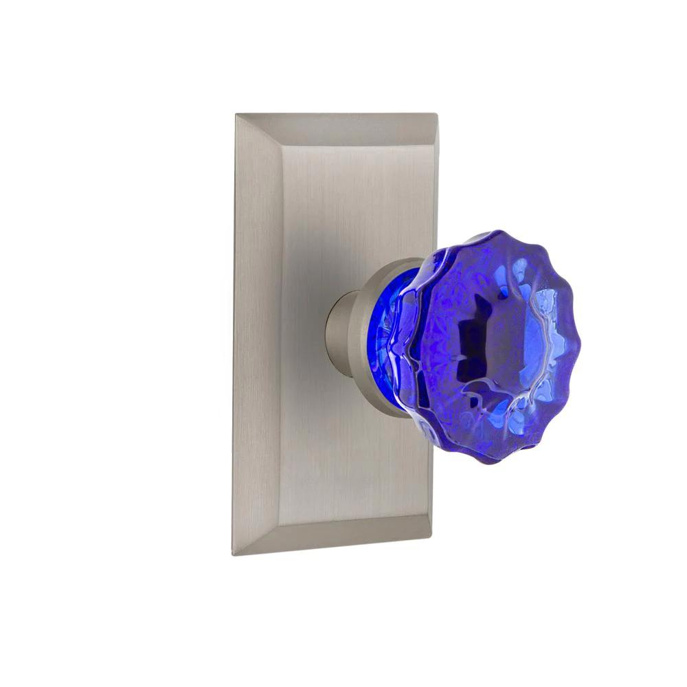 Studio Plate 2-3/4 in. Backset Satin Nickel Privacy Bed/Bath Crystal Cobalt Glass Door Knob