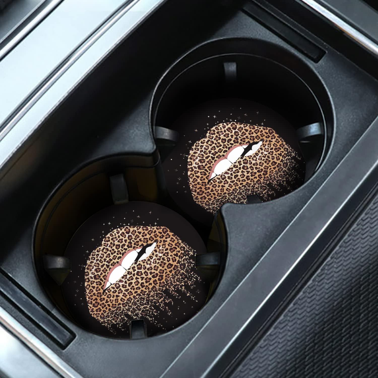 Funny Leopard Lips Kiss Leopard Print Mouth 2PCS 2.75" Car Cup Holder Insert Coasters, Womens Cool Lips Bite Kiss Me Leopard Print Cheetah Car Coasters Sexy Car Interior Decoration by FLYEEGO
