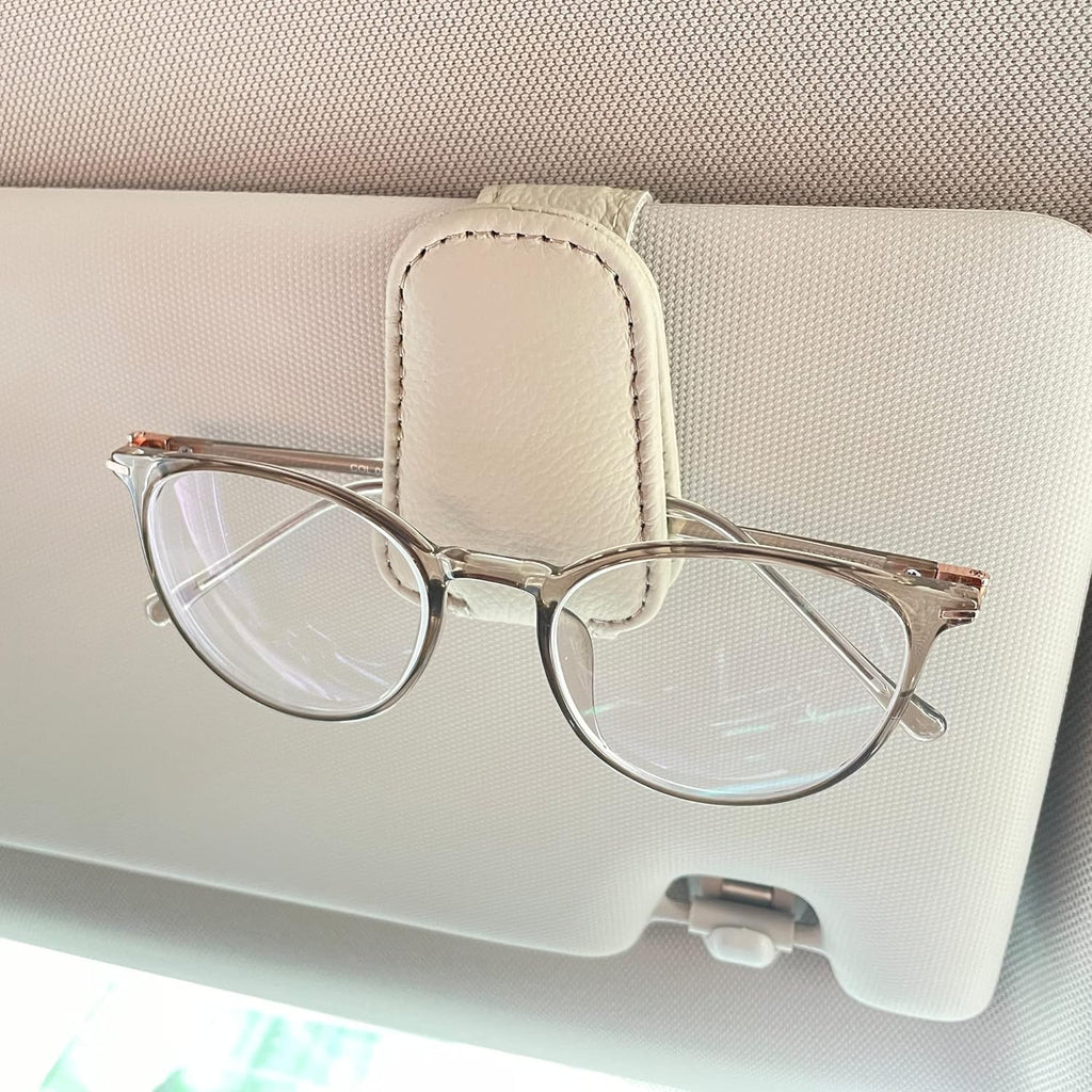 KIWEN Sunglasses Holders for Car Sun Visor, Magnetic Leather Glasses Eyeglass Hanger Clip for Car, Ticket Card Clip Eyeglasses Mount (Beige)