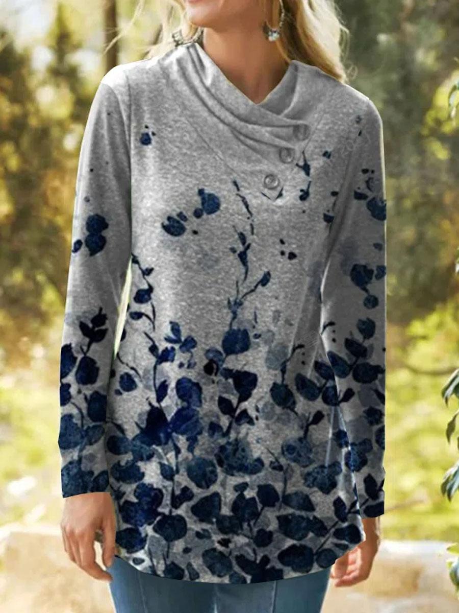 Floral Print V-neck Long-sleeved T-shirt