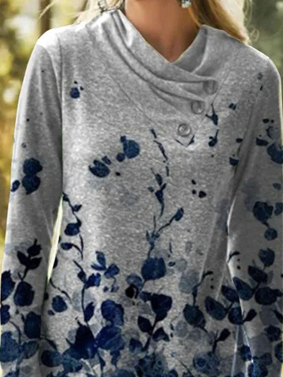 Floral Print V-neck Long-sleeved T-shirt
