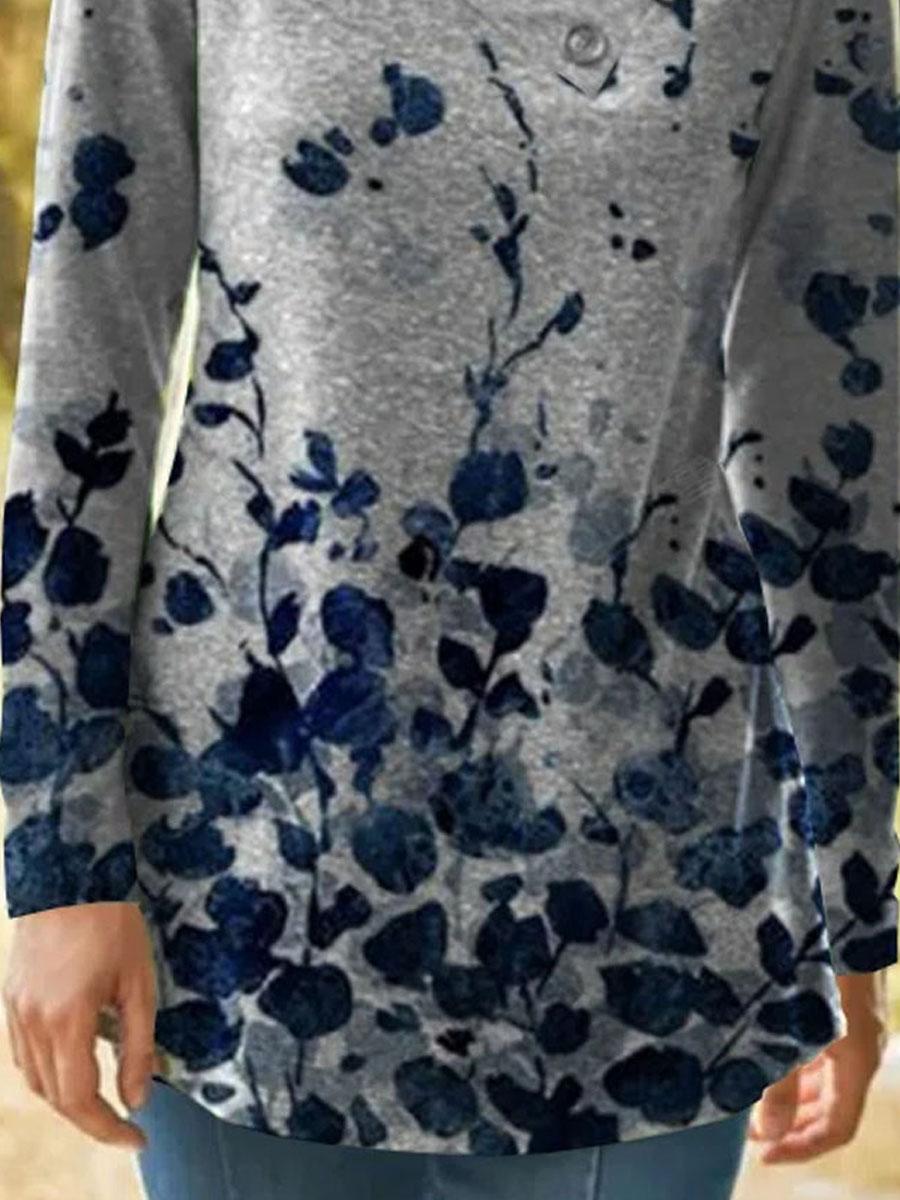 Floral Print V-neck Long-sleeved T-shirt