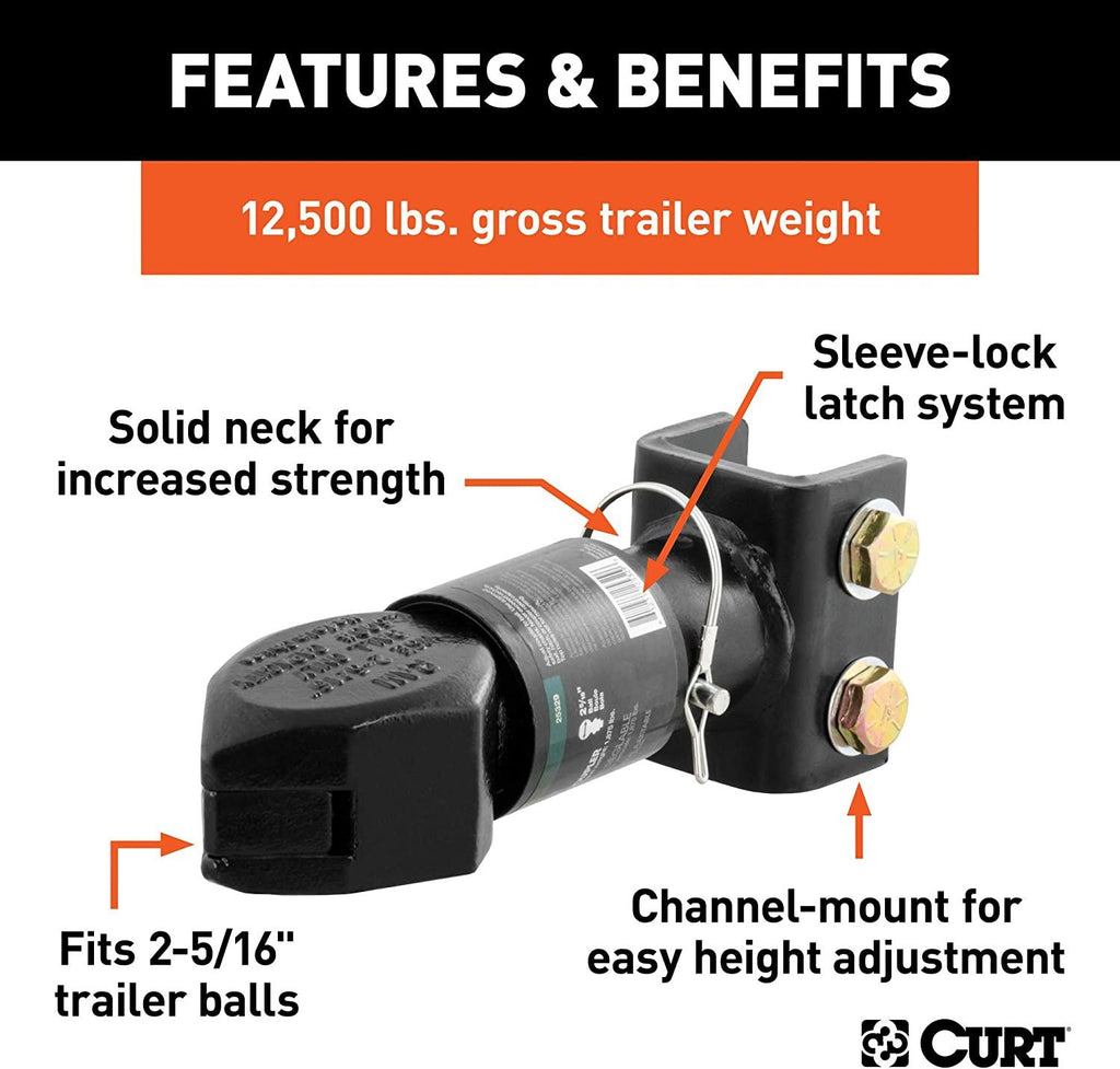 CURT 25329 Channel-Mount Adjustable Trailer Coupler, 2-5/16-Inch Hitch Ball, 12,500 lbs