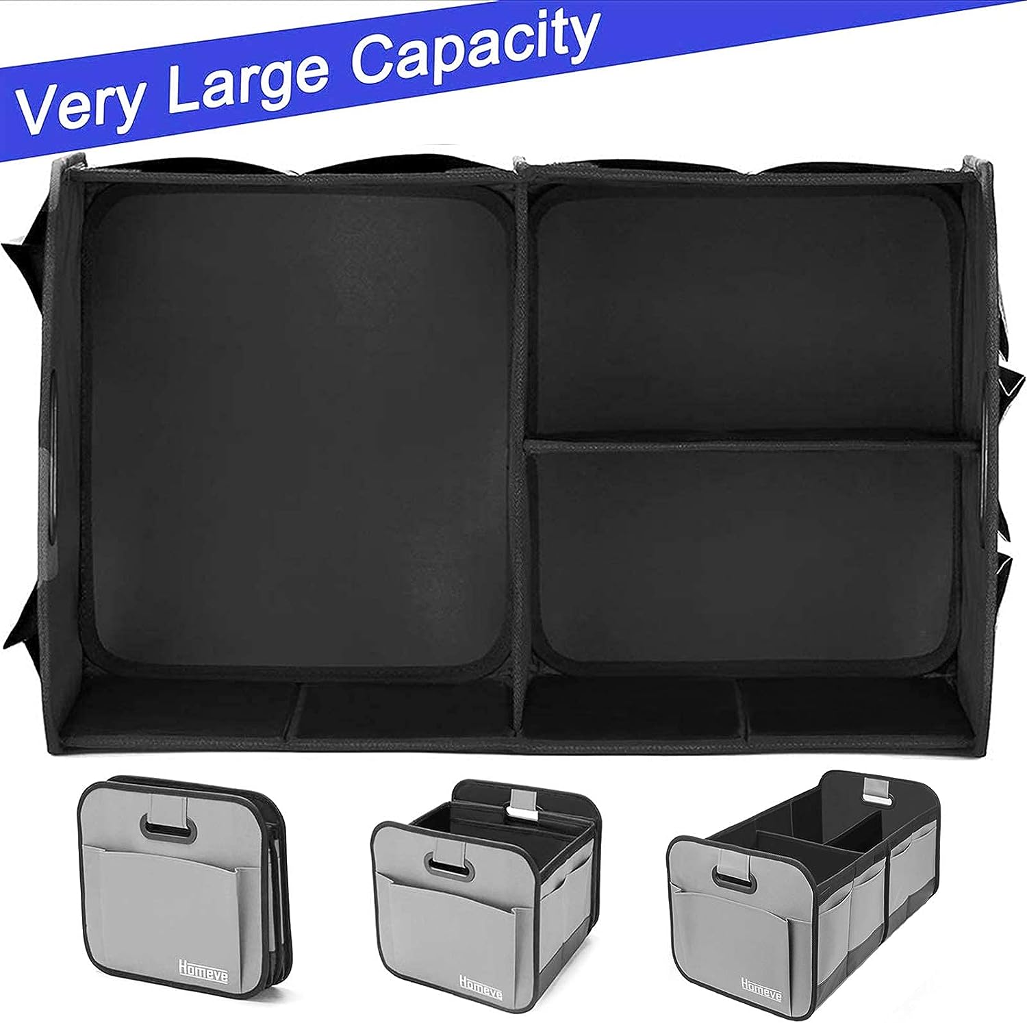 Homeve Trunk Organizer for Car, Car Storage, Reinforced Handles, Collapsible Multi-Compartment Car Organizers Foldable and Waterproof, 600D Oxford Polyester, Suitable for Any Car, SUV, Mini-Van, Grey
