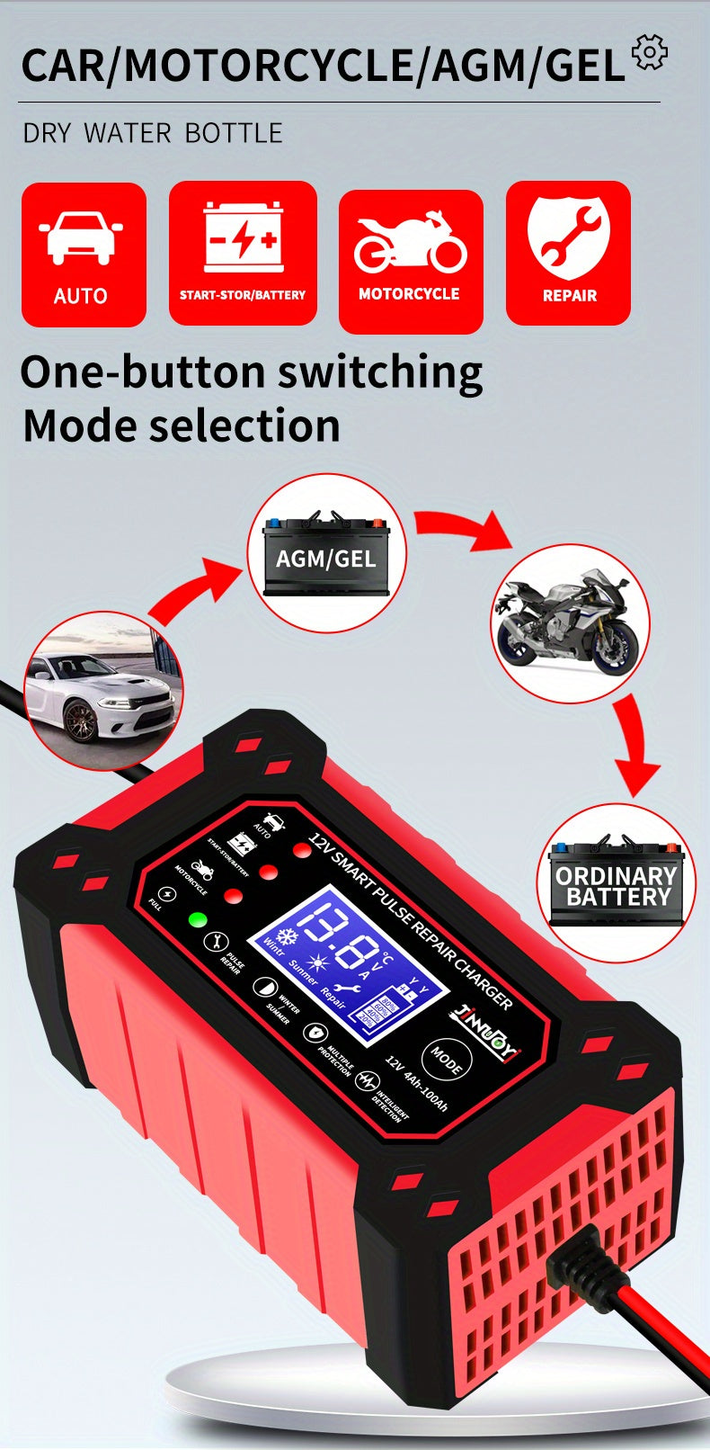 12V/6A Full Automatic Car Battery Charger Pulse Repair Charger For Car Truck Motorcycle Lawn Mower AGM/Gel Lead Acid Battery
