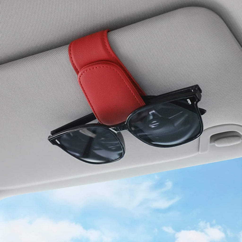 KanSmart Sunglass Holder for Car Visor Sunglasses Clip Magnetic Leather Glasses Eyeglass Holder Truck Car Interior Accessories Universal for Woman Man -Red