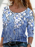 Round Neck Floral Print Loose Casual Long-sleeved T-shirt