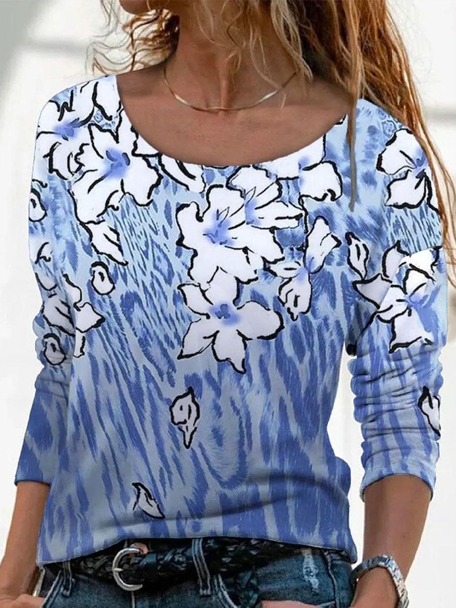 Round Neck Floral Print Loose Casual Long-sleeved T-shirt