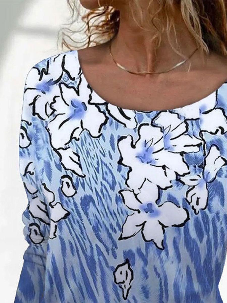 Round Neck Floral Print Loose Casual Long-sleeved T-shirt