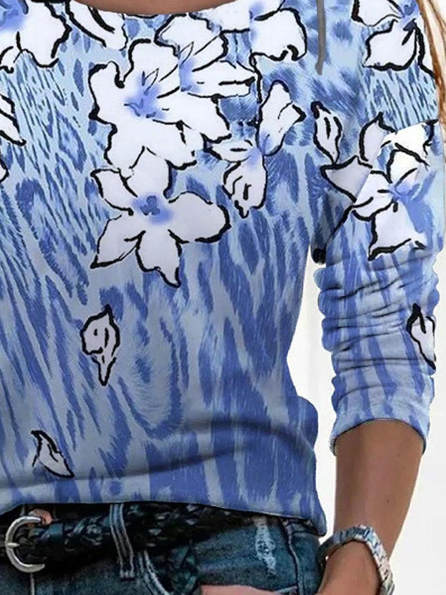 Round Neck Floral Print Loose Casual Long-sleeved T-shirt