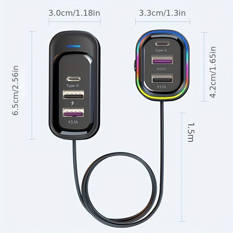 81W Fast Car CharThe Front And Rear Of The 6-port Expansion Car Are Charged Simultaneously 1 Type-C 2 USB 59.06inch Extension Cable Anti-slip Clamp