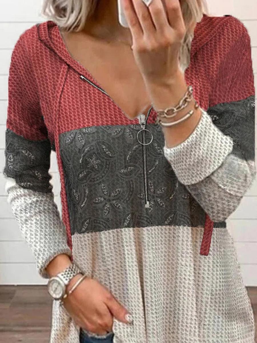 Contrasting Print Casual Zipper Long-sleeved T-shirt