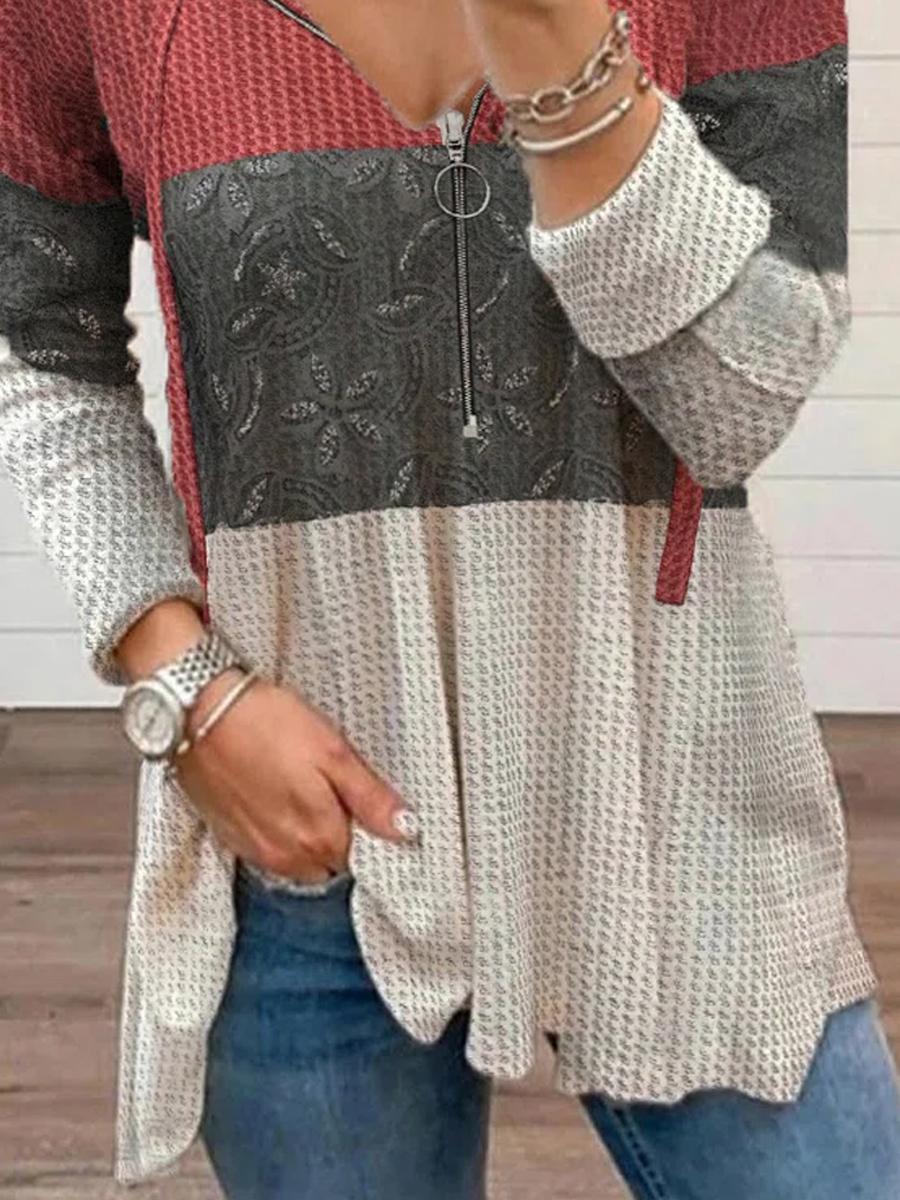 Contrasting Print Casual Zipper Long-sleeved T-shirt