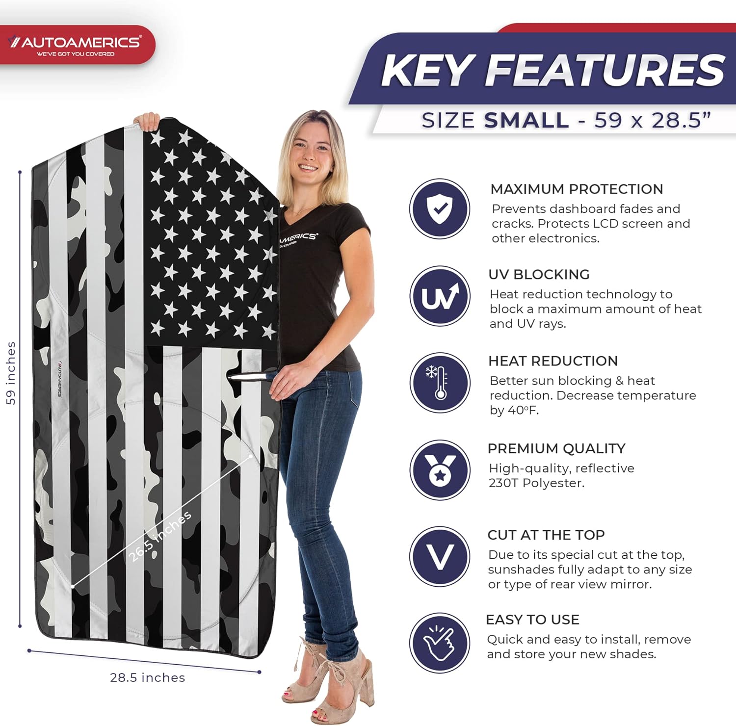 Autoamerics 1-Piece Windshield Sun Shade B&amp;W Camo American Flag USA  - Foldable Car Front Window Sunshade for Most Sedans SUV Truck - Blocks Max UV Rays and Keeps Your Vehicle Cool - Small