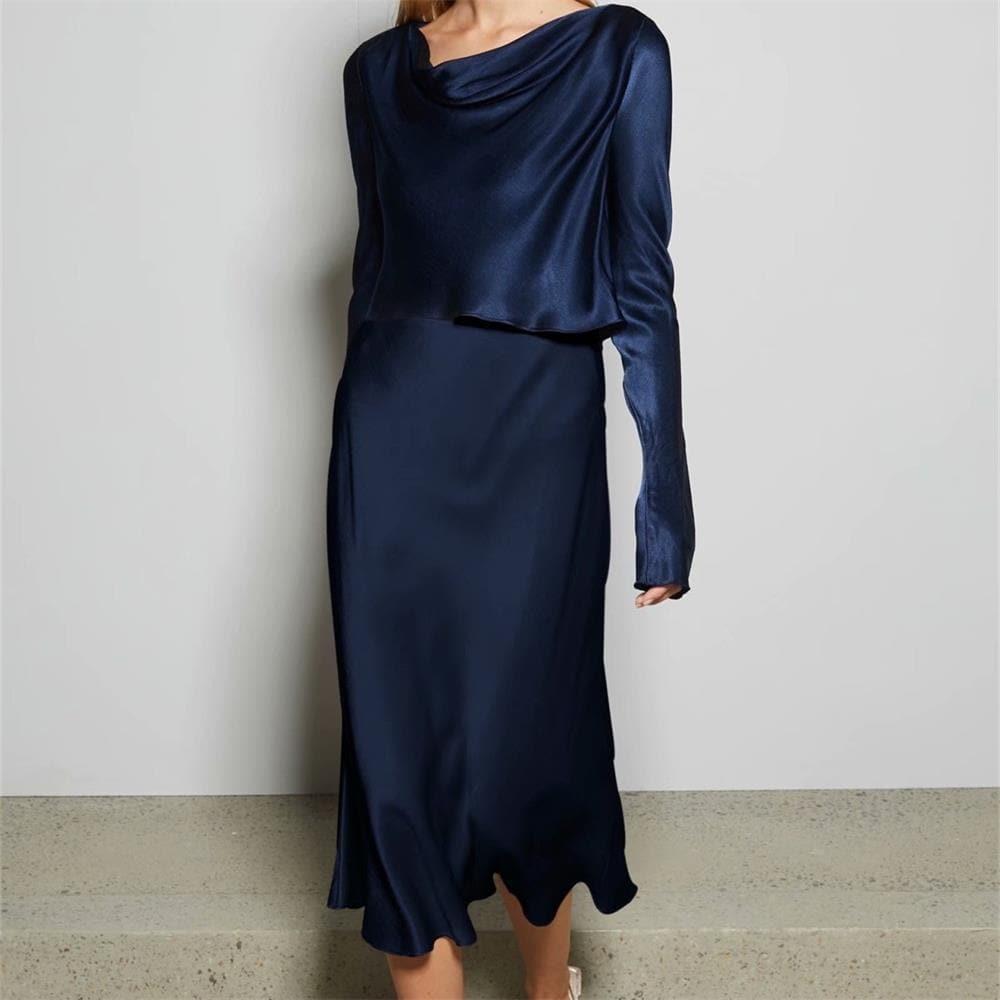 satin texture top + high waist skirt two-piece suit
