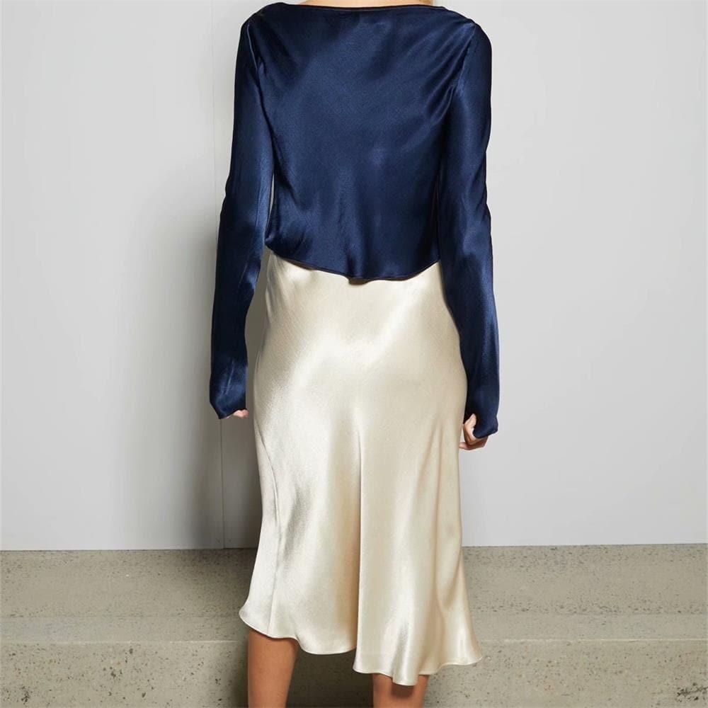 satin texture top + high waist skirt two-piece suit