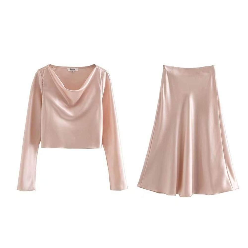 satin texture top + high waist skirt two-piece suit