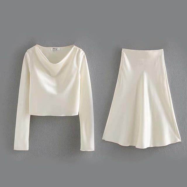 satin texture top + high waist skirt two-piece suit