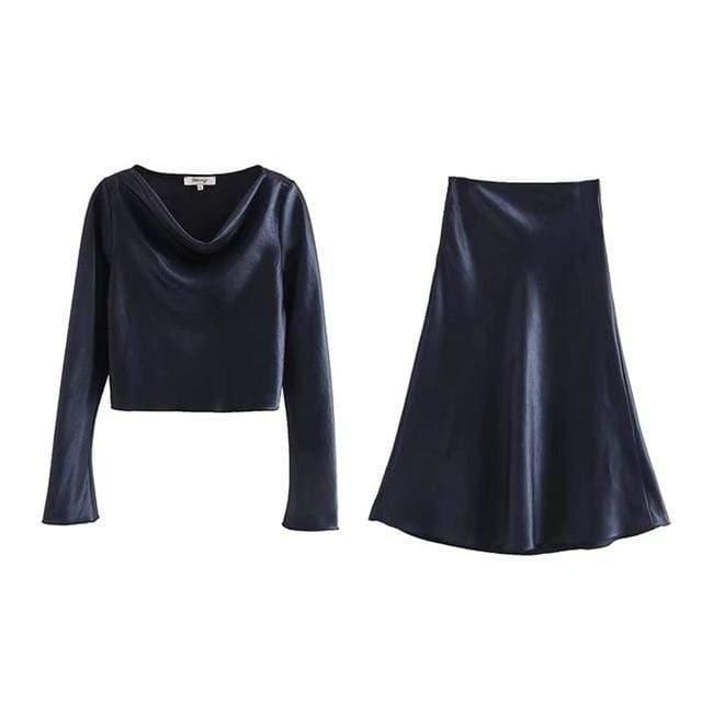 satin texture top + high waist skirt two-piece suit