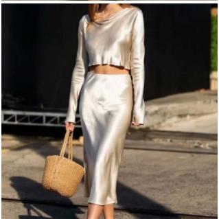 satin texture top + high waist skirt two-piece suit