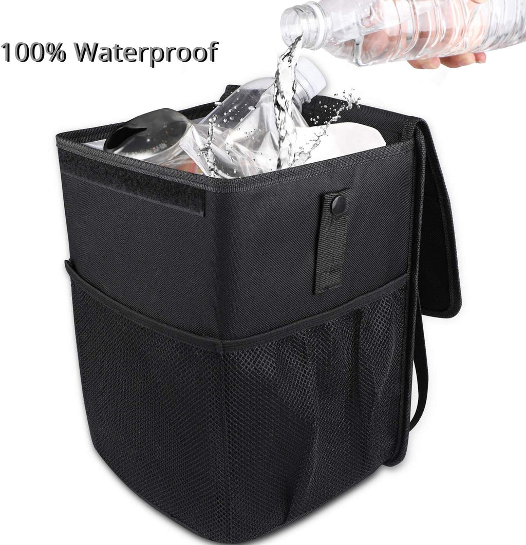 PowerTiger CAR ACCESSORIES Hanging Car Trash Can Bin - Car Garbage Cans Bag with Lid &amp; 3 Mesh Storage Pockets 2.64 Gallon