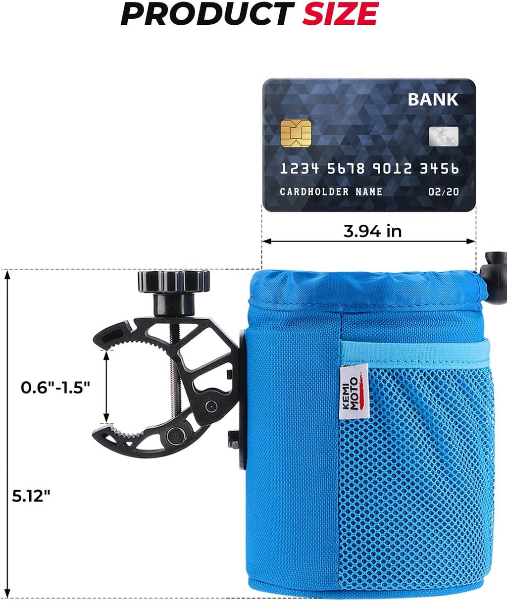 kemimoto Bike Cup Holder, Oxford Fabric Bicycle Cup Holder with 0.6"-1.5" Alligator Clamp, Cup Holder for Bike, Boat, Canoe, ATV, Motorcycle, Wheelchair, Walker, Scooter, Kayak, Camper, Blue