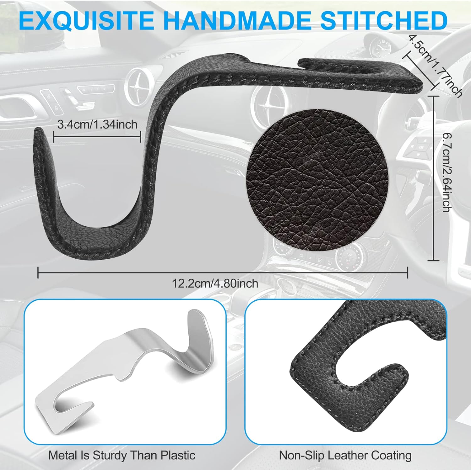 EldHus Seat Hooks for Purses and Bags, 4 Pack Car Purse Holder for Grocery Bag Handbag Clothes, Metal Headrest Hooks Covered by Leather, Black